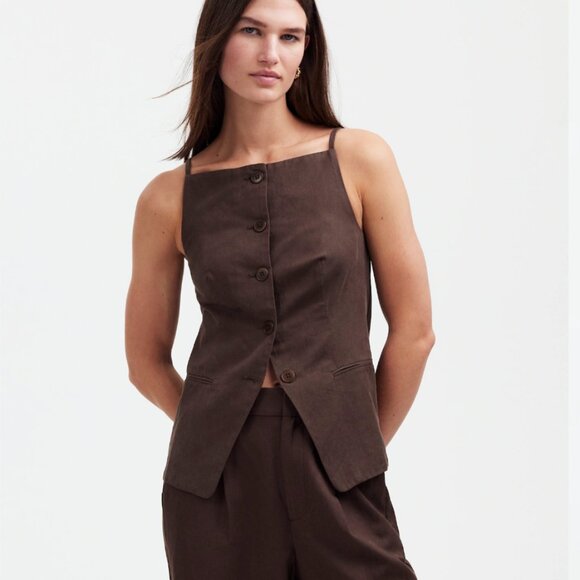 Madewell Square Neck Button Up Vest Top in Drapey Twill Brown Size 8 - Picture 1 of 8
